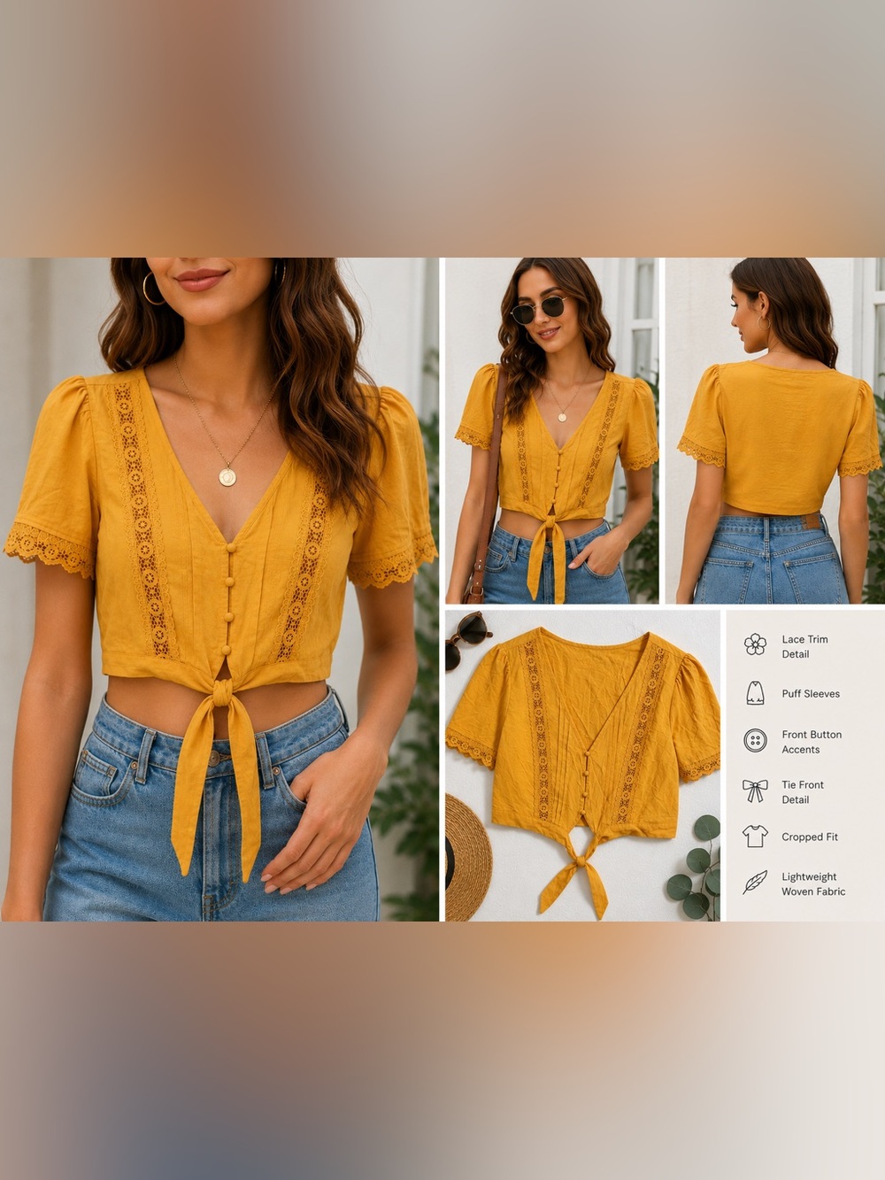 Forever 21 Mustard Yellow Lace Trim Tie Front Crop Top NWT Size Medium